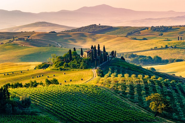 Val d'Orcia, Tuscany, Italy. A lonely farmhouse with cypress and olive trees, rolling hills.