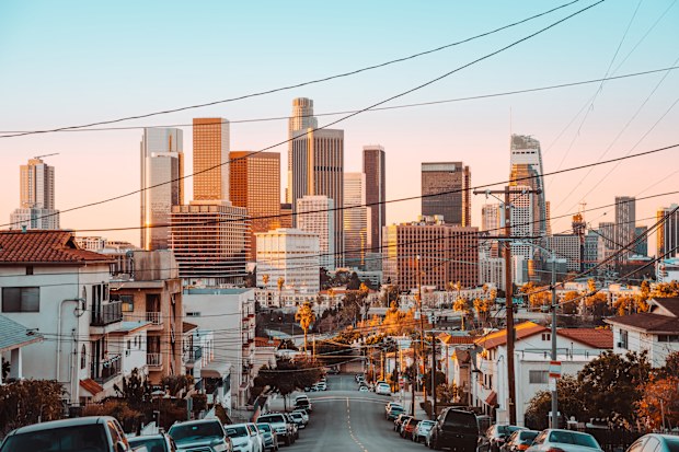 the skyline of los angeles during sunrise, california