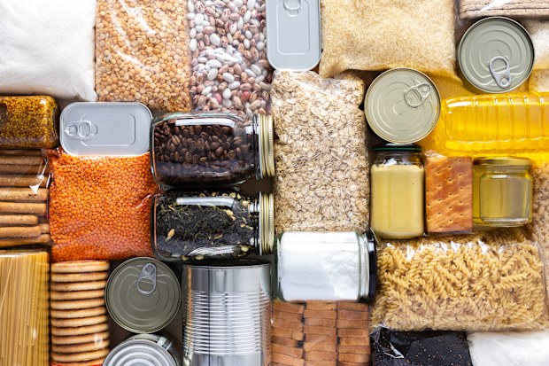 Pantry staples including pasta and legumes