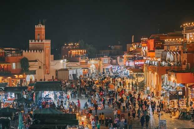 High angle view Djemma El Fna Marrakech, Morocco by Night