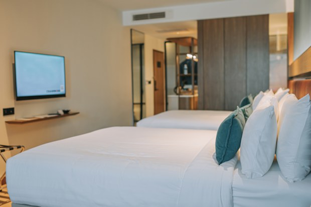 Modern Hotel Room With Twin Bed, Tv Set