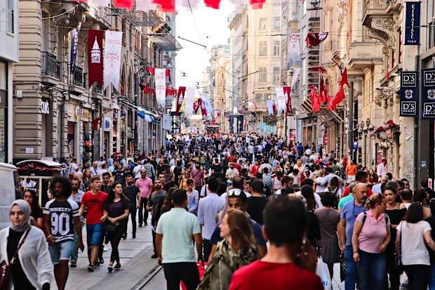 Istanbul, Turkey  September 24, 2019: Istiklal Caddesi street in Istanbul. This is a popular tourist attraction in the city.