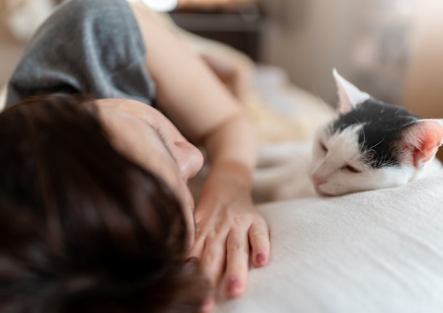 Relaxed cat and teenage girl on bed at home