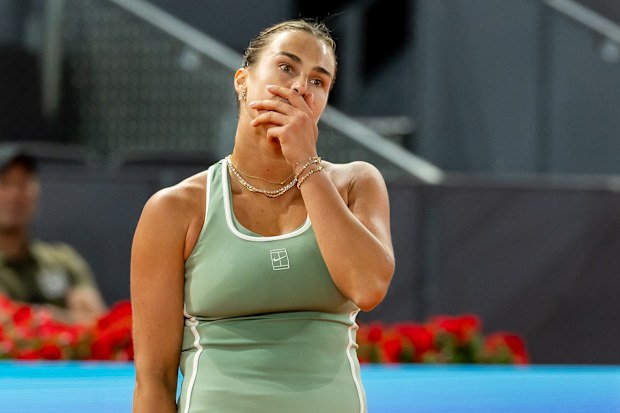 Aryna Sabalenka reacts after losing a point against Hailey Baptiste of the United States during the Women's Singles Quarterfinals match on Day Nine of the Mutua Madrid Open at La Caja Magica on April 28, 2026 in Madrid, Spain. (Photo by Victor Boykoyan/Getty Images)