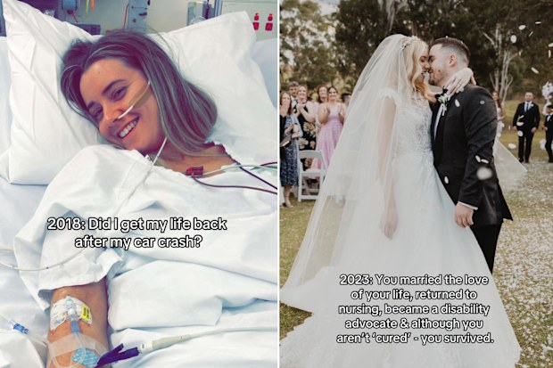 Steph Kelly in 2018 after the crash and on her wedding day in 2023.