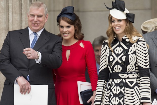 Andrew Mountbatten-Windsor with Princess Beatrice and Princess Eugenie at a National Service of Thanksgiving as part of the 90th birthday celebrations for The Queen at St Paul's Cathedral on June 10, 2016 in London, England.