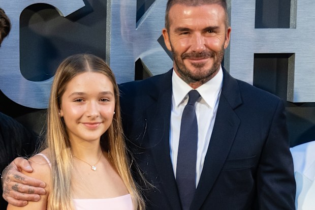 LONDON, ENGLAND - OCTOBER 03: (L-R) Harper Beckham and David Beckham attend the Netflix 'Beckham' UK Premiere at The Curzon Mayfair on October 03, 2023 in London, England.  (Photo by Samir Hussein/WireImage)