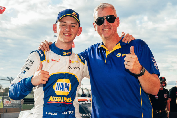 Jett Johnson (pictured left) and Steven Johnson celebrate at their home circuit, Queensland Raceway.