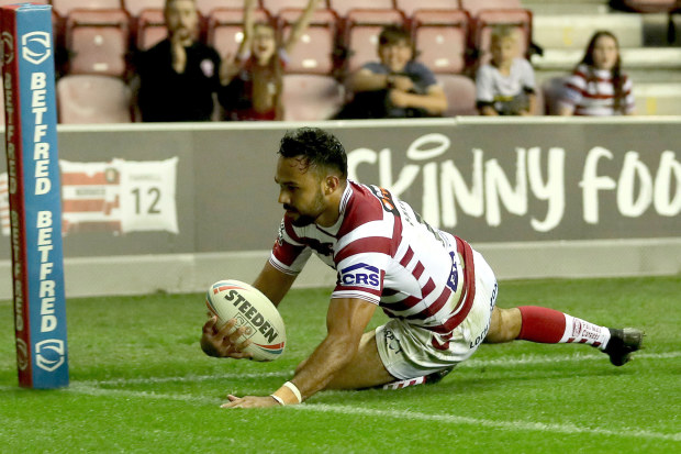Wigan warriors Bevan French scores his third try during the Betfred Super League match at the DW Stadium, Wigan. Picture date: Thursday July 28, 2022. (Photo by Richard Sellers/PA Images via Getty Images)