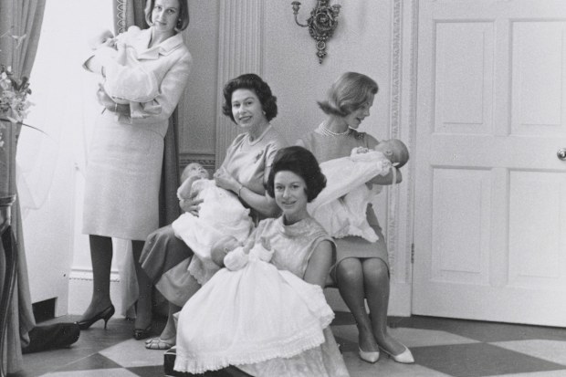 Queen Elizabeth II, Princess Margaret, Princess Alexandra and The Duchess of Kent – holding their newborn babies.