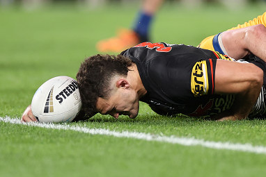 Nathan Cleary drops one over the line