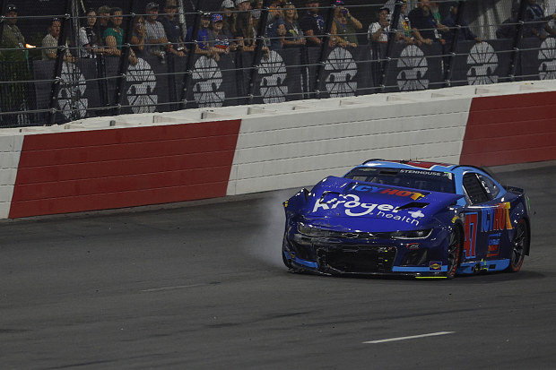 Ricky Stenhouse Jr's wrecked Chevrolet Camaro after being hit by Kyle Busch in the NASCAR All Star Race.