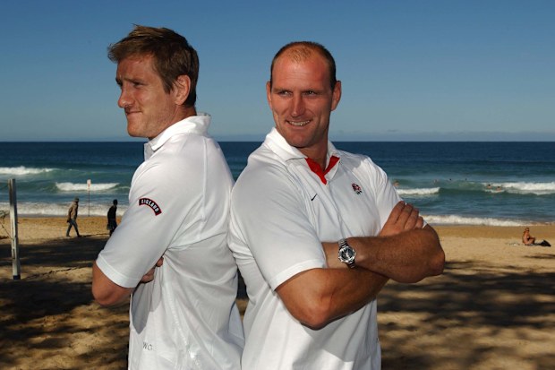 England's Will Greenwood and Lawrence Dallaglio on the Manly beachfront leading up to the Rugby World Cup final against Australia.