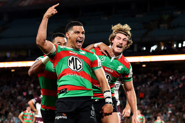 SYDNEY, AUSTRALIA - MARCH 25:  Cody Walker of the Rabbitohs celebrates scoring a try wth team mates during the round four NRL match between South Sydney Rabbitohs and Manly Sea Eagles at Accor Stadium on March 25, 2023 in Sydney, Australia. (Photo by Mark Metcalfe/Getty Images)