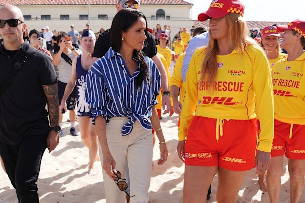 Prince Harry, Duke of Sussex and Meghan, Duchess of Sussex meet volunteer first responders from Bondi Surf Bathers' Life Saving Club, during a visit to Bondi Beach, on day four of their Australia tour on April 17, 2026.