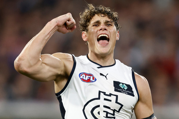 MELBOURNE, AUSTRALIA - SEPTEMBER 15: Charlie Curnow of the Blues celebrates a goal during the 2023 AFL First Semi Final match between the Melbourne Demons and the Carlton Blues at Melbourne Cricket Ground on September 15, 2023 in Melbourne, Australia. (Photo by Michael Willson/AFL Photos via Getty Images)