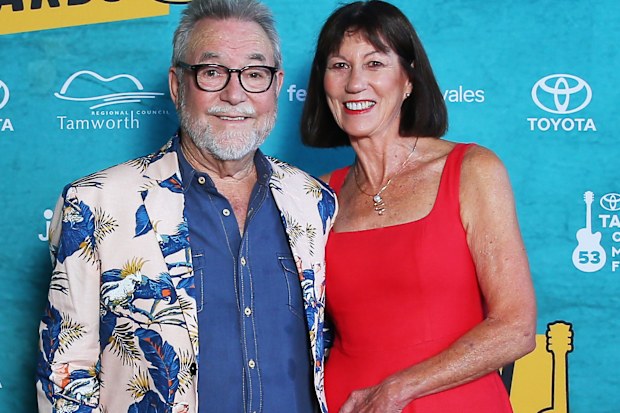 TAMWORTH, AUSTRALIA - JANUARY 25: John Williamson and wife Meg Doyle attend the 2025 Golden Guitar Awards at Tamworth Regional Entertainment and Conference Centre on January 25, 2025 in Tamworth, Australia. (Photo by Lisa Maree Williams/Getty Images)