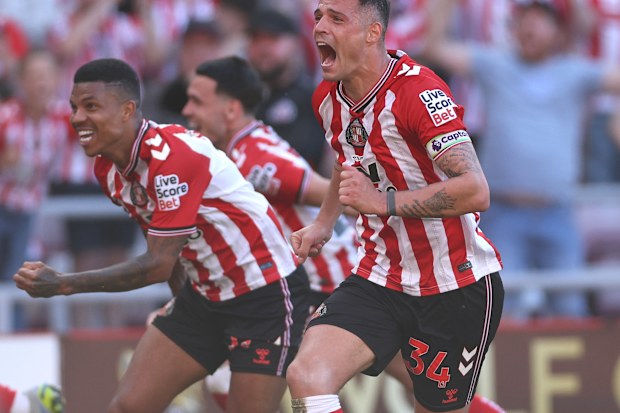Granit Xhaka and teammates of Sunderland celebrate after qualifying for the Europa League.