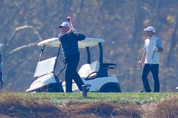 President Donald Trump plays a round of Golf at the Trump National Golf Club in Sterling Va., Sunday Nov. 8, 2020. (AP Photo/Steve Helber)
