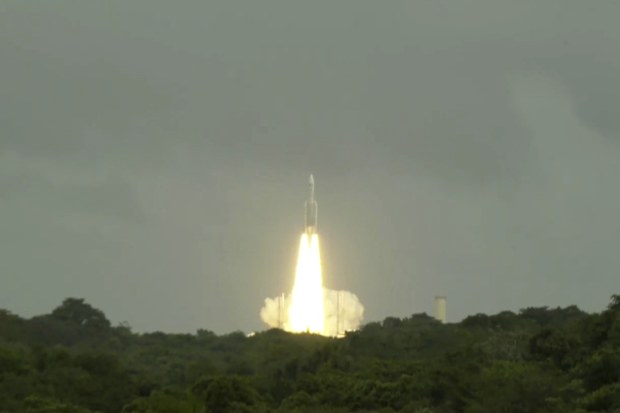 This photo provided by the European Space Agency shows an Ariane 5 rocket carrying the Jupiter Icy Moons Explorer, Juice, spacecraft lifting off from Europe's Spaceport in Kourou, French Guiana, Friday, April 14, 2023