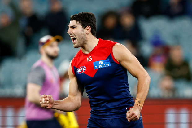 MELBOURNE, AUSTRALIA - JULY 14: Christian Petracca of the Demons celebrates a goal during the 2023 AFL Round 18 match between the Melbourne Demons and the Brisbane Lions at the Melbourne Cricket Ground on July 14, 2023 in Melbourne, Australia. (Photo by Dylan Burns/AFL Photos via Getty Images)