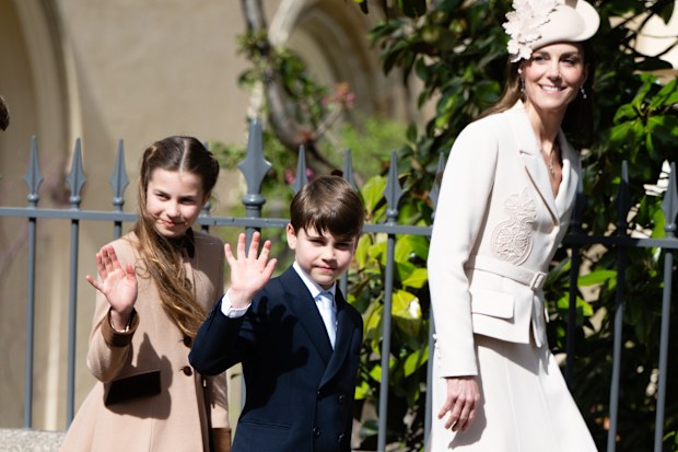 Princess Charlotte, Prince Louis and Catherine, Princess of Wales attend the 2026 Easter Matins Service at St George's Chapel on April 05, 2026 in Windsor, England. 