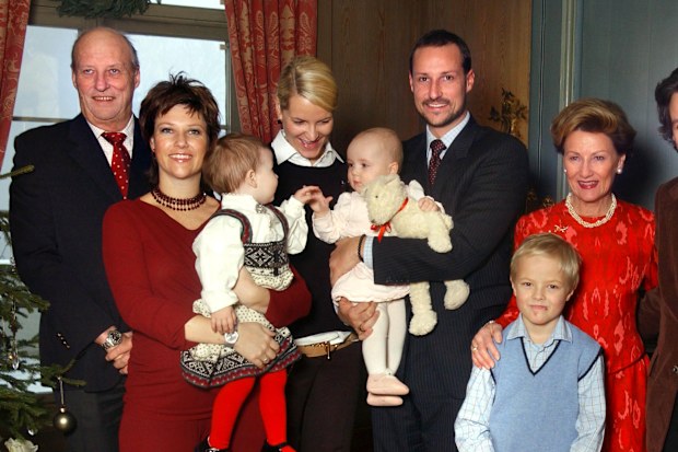 King Harald, Princess Martha Louise, Maud Angelica, Crown Princess Mette-Marit, Princess Ingrid Alexandra, Crown Prince Haakon, Queen Sonja, Ari Behn and in front Marius of the Norwegian Royal Family pose for their annual Christmas photo session on December 23, 2004 in Skaugum, Norway.  