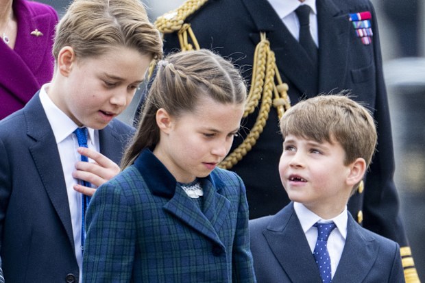 Princess Charlotte of Wales, Prince George of Wales and Prince Louis of Wales during the military procession to mark the 80th anniversary of VE Day on May 5, 2025 in London, England. 