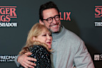 Producer Sonia Friedman and Hugh Jackman attend the "Stranger Things: The First Shadow" World Premiere at the Phoenix Theatre on December 14, 2023 in London, England. 