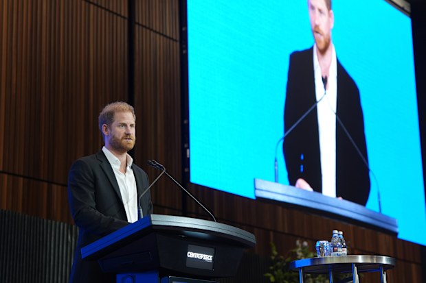 Prince Harry, Duke of Sussex delivers the keynote speech at the InterEdge Summit on day three of the royal trip at Centrepiece in Melbourne Park on April 16, 2026 in Melbourne, Australia.