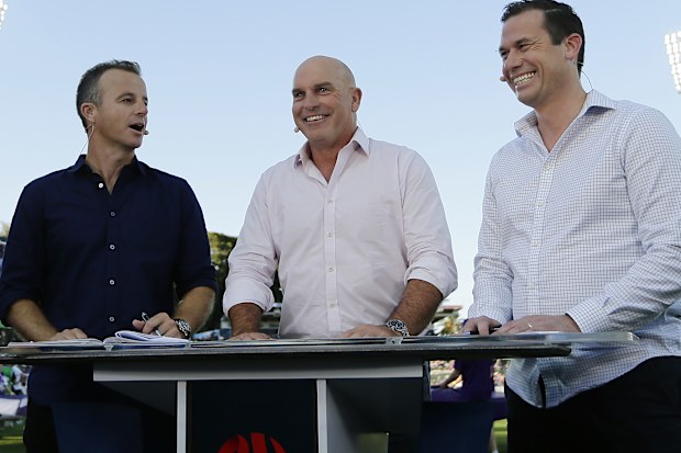PERTH, AUSTRALIA - DECEMBER 21: Commentators Andy Harper, Adam Peacock and Jamie Harnwell do a live cross during the round nine A-League match between the Perth Glory and Sydney FC at nib Stadium on December 21, 2018 in Perth, Australia. (Photo by Will Russell/Getty Images)