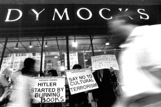 The Australian Society of Authors held a pro-Salman Rushdie demo outside Dymocks Bookstore (who in their fight for Freedom of Speech and Expression have banned Rushdie's Satanic Verses due to threats from sections of the Moslem Community. February 2, 1989.