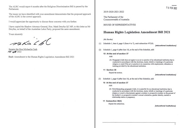 Rebekha Sharkie Religious Discrimination Bill letter