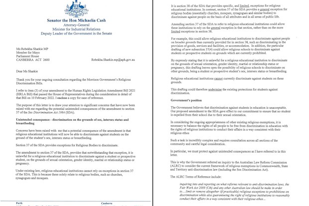 Rebekha Sharkie Religious Discrimination Bill letter