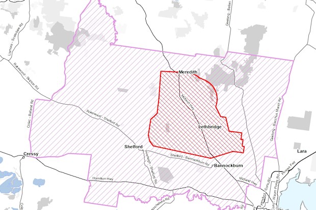Restricted and control areas near Meredith due to Victoria's bird flu outbreak. 