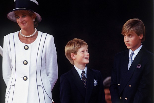 LONDON, UNITED KINGDOM - AUGUST 19:  Princess Diana With Prince Harry & Prince William At A Parade To Commemorate The 50th Anniversary Of Vj Day Designer Of Diana's Suit - Tomasz Starzewski 	19 August, 1995