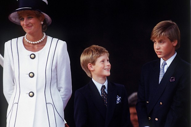 LONDON, UNITED KINGDOM - AUGUST 19:  Princess Diana With Prince Harry & Prince William At A Parade To Commemorate The 50th Anniversary Of Vj Day Designer Of Diana's Suit - Tomasz Starzewski 	19 August, 1995