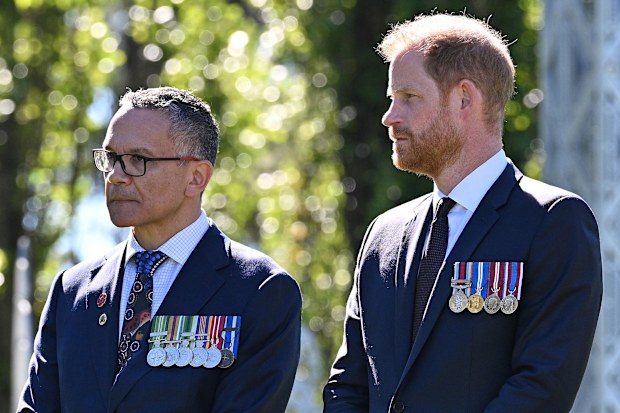 CANBERRA, AUSTRALIA - APRIL 15: (L-R) LTCOL Joseph West and Prince Harry, Duke of Sussex attend a Welcome to Country Ceremony during a visit to The Australian War Memorial on April 15, 2026 in Canberra, Australia. The Duke and Duchess of Sussex are on a four-day visit to Australia, with engagements across Melbourne, Canberra and Sydney. (Photo by Wendell Teodoro/Getty Images)