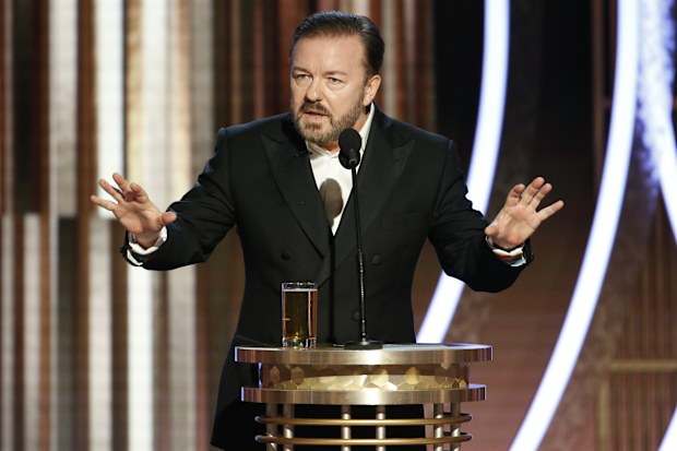 BEVERLY HILLS, CALIFORNIA - JANUARY 05: In this handout photo provided by NBCUniversal Media, LLC,  host Ricky Gervais speaks onstage during the 77th Annual Golden Globe Awards at The Beverly Hilton Hotel on January 5, 2020 in Beverly Hills, California. (Photo by Paul Drinkwater/NBCUniversal Media, LLC via Getty Images)