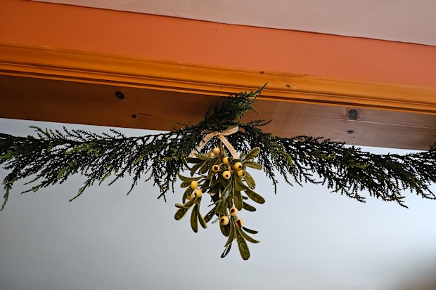 A piece of mistletoe setup under a wooden door frame.