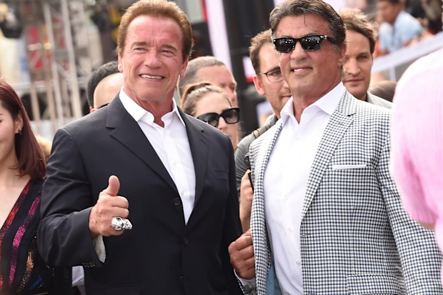 Actors Arnold Schwarzenegger (L) and Sylvester Stallone at Dolby Theatre on June 28, 2015 in Hollywood, California.