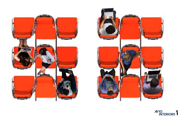 "Janus," by Italian firm Aviointeriors, proposes seats made up of a row of three, with the seat in the middle facing the opposite direction.