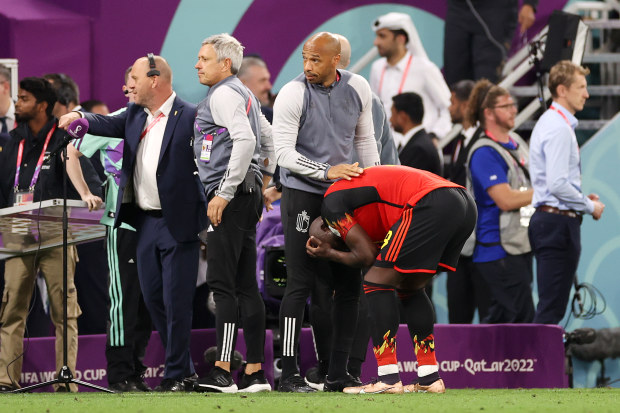 DOHA, QATAR - DECEMBER 01: Romelu Lukaku of Belgium reacts with assistant coach Thierry Henry after the FIFA World Cup Qatar 2022 Group F match between Croatia and Belgium at Ahmad Bin Ali Stadium on December 01, 2022 in Doha, Qatar. (Photo by Michael Steele/Getty Images)