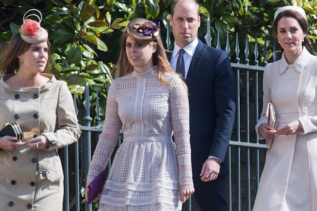 WINDSOR, ENGLAND - APRIL 16:  Catherine, Duchess of Cambridge (R) Prince William, Duke of Cambridge, Princess Beatrice of York (2L) and Princess Eugenie of York (L) attend Easter Day Service at St George's Chapel on April 16, 2017 in Windsor, England.  (Photo by Samir Hussein/Samir Hussein/WireImage)