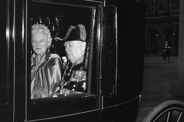 2nd June 1953:  Sir Winston (1874 - 1965) and Lady Churchill wearing the Cartier Scroll tiara leaving Buckingham Palace for Westminster Abbey to attend the coronation of Elizabeth II.  (Photo by Monty Fresco/Topical Press Agency/Getty Images)