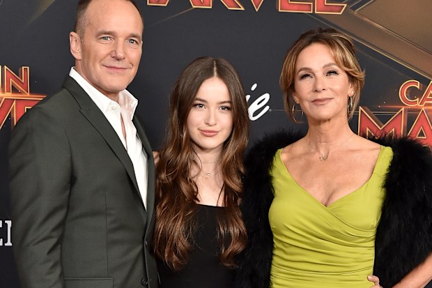 Clark Gregg, Jennifer Grey and daughter Stella attend Captain Marvel premiere in 2019 in Hollywood, California.