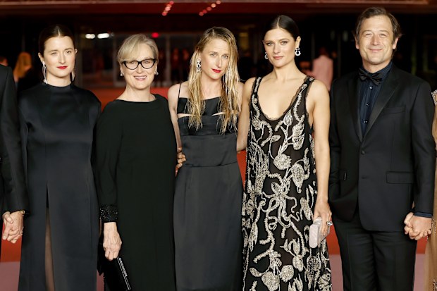 LOS ANGELES, CALIFORNIA - DECEMBER 03: (L-R) Mark Ronson, Grace Gummer, Mamie Gummer, Meryl Streep, Louisa Jacobson, Henry Wolfe and Tamryn Storm Hawker attend the 3rd Annual Academy Museum Gala at Academy Museum of Motion Pictures on December 03, 2023 in Los Angeles, California. (Photo by Frazer Harrison/Getty Images)