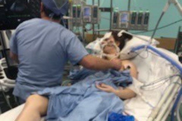 Victoria McGee being treated in hospital after her transplant surgery.