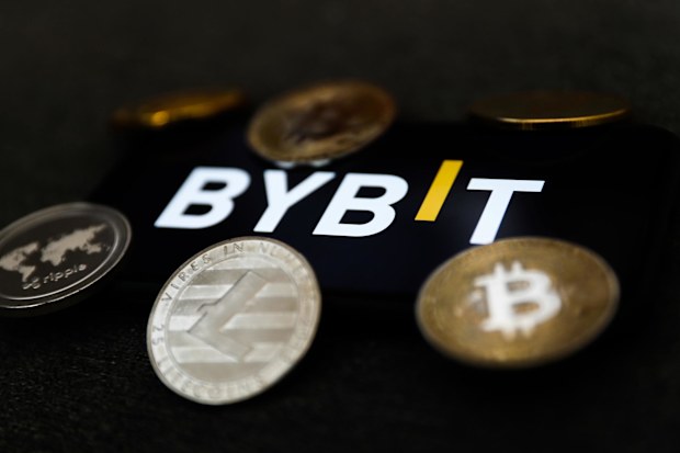 The Bybit logo is displayed on a phone screen in Krakow, Poland in February 2022. North Korean hackers have stolen $1.5 billion in cryptocurrency in a single heist.
