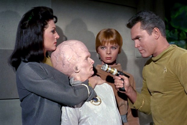 Majel Barrett, Meg Wyllie, Laurel Goodwin and Jeffrey Hunter as star in the original Star Trek pilot from 1965.